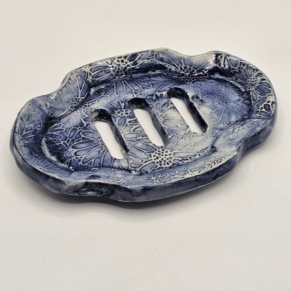 Artist Signed Blue Floral Impressed Pottery Soap Dish Nature-inspired Soap Rest - Picture 2 of 6